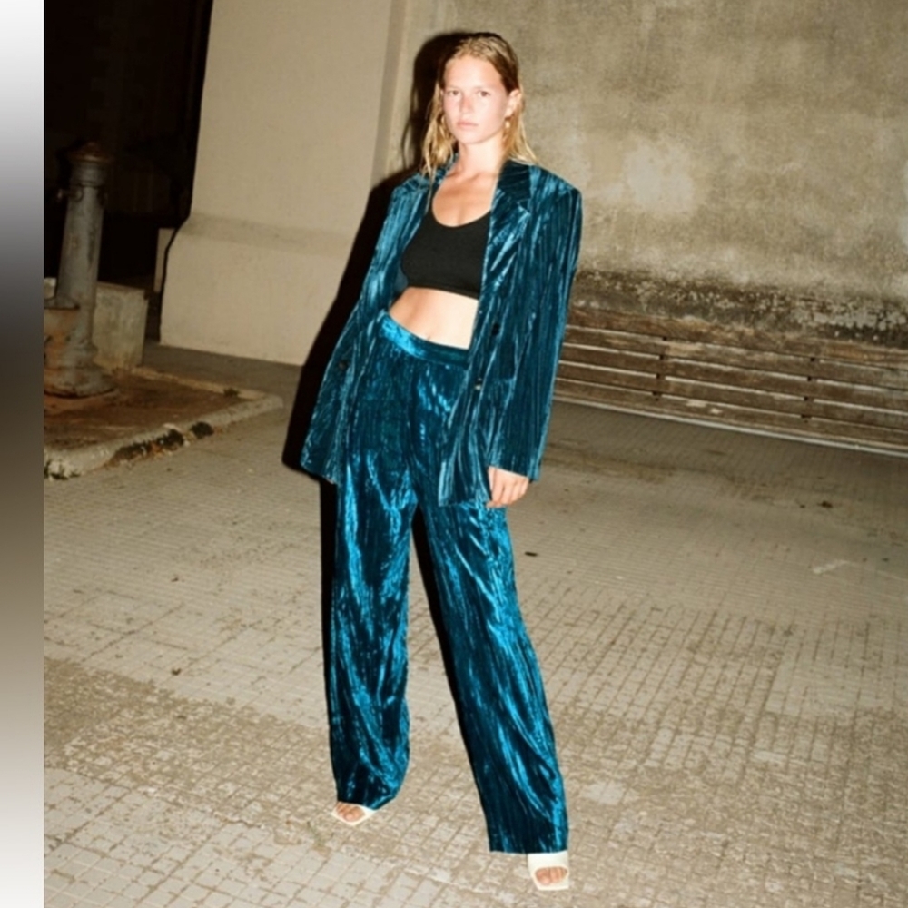 Zara Crushed Velvet Dark Teal Pants